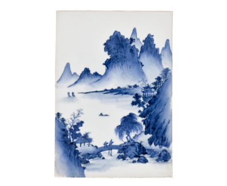A SCENIC BLUE AND WHITE 'MOUNTAIN LANDSCAPE' PLAQUE, LATE QING DYNASTY TO REPUBLIC PERIODChina, late 19th to mid-20th century