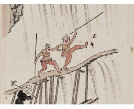 A SCENE FROM 'JOURNEY TO THE WEST', BY PU RU (1896-1963)China. Ink and watercolors on paper, laid down on paper. Depicting th