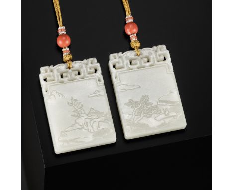 AN EXTREMELY RARE PAIR OF 'CONTINUOUS LANDSCAPE' CONNECTED JADE PLAQUES, 18TH TO 19TH CENTURYChina. Of rectangular form, each