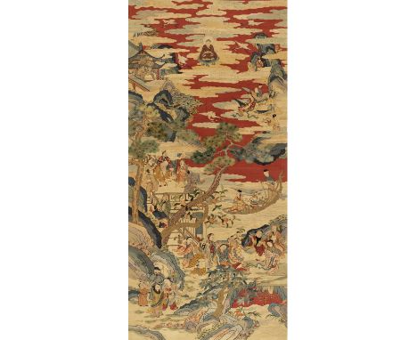 A LARGE KESI 'PEACH FESTIVAL' PANEL, QING DYNASTYChina, Wenzhou, Zhenjiang province, 18th-19th century. Finely woven in brigh