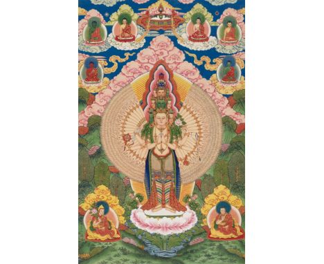 A LARGE TIBETAN-CHINESE PAINTING OF AVALOKITESHVARA SAHASRABHUJA, EARLY 20TH CENTURY1900-1950. Gilt, ink and watercolors on p