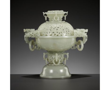 A MUGHAL STYLE PALE CELADON JADE CENSER AND COVERChina, 19th century. The censer of globular form with thin walls, the deep b