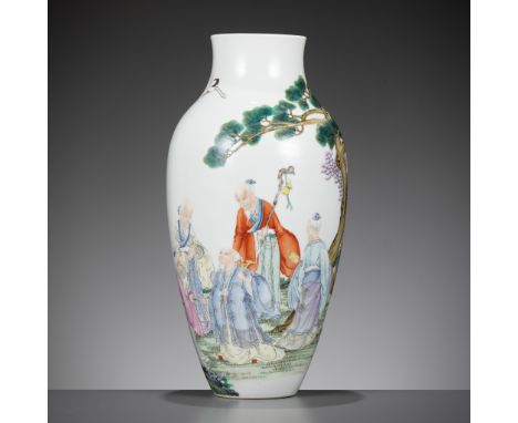 A FAMILLE ROSE 'IMMORTALS' BALUSTER VASE, JUREN TANG MARK, REPUBLIC PERIODChina, 1912-1949. The slender ovoid body rising to 