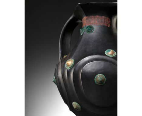 A VERY LARGE AND RARE BLACK POTTERY AMPHORA WITH APPLIED GILT-BRONZE BOSSES, LIFAN, HAN DYNASTYScientific Analysis Report: A 