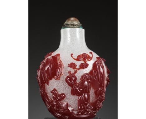 A RUBY-RED OVERLAY SNOWFLAKE GLASS 'SCHOLAR' SNUFF BOTTLE, GUANGXU MARK AND PERIODChina, 1875-1908. The ovoid body supported 
