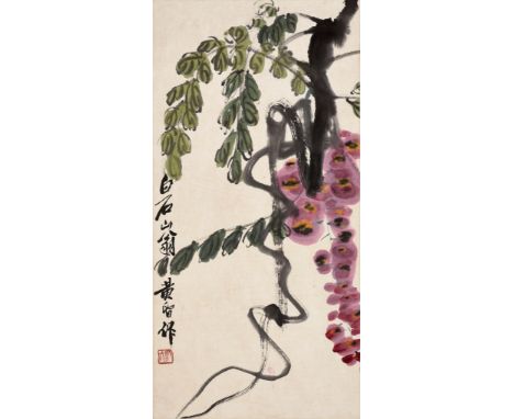 'WISTERIA', BY QI BAISHI (1864-1957)China. Ink and watercolors on paper, with a silk brocade frame and mounted as a hanging s