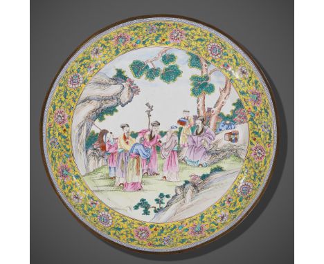 A LARGE CANTON ENAMEL 'SCHOLARS' DISH, 18TH CENTURYChina. Finely painted in bright enamels to the interior with a scene of sc