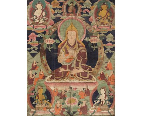 A MONUMENTAL WALL THANGKA OF TSONGKAPATibet, 18th-19th century. Distemper and gilt on cloth. Seated at the center in dhyanasa