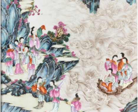 A FINELY PAINTED FAMILLE ROSE 'IMMORTALS' PLAQUE, QIANLONG PERIODChina, 1736-1795. Exquisitely painted in remarkably fine det