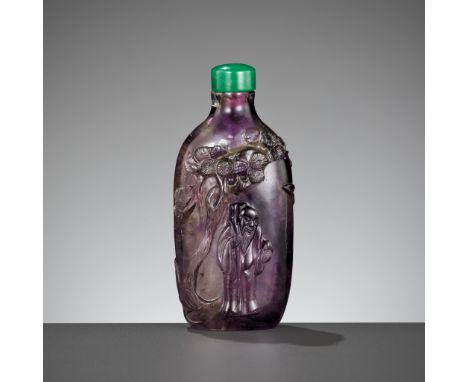 AN AMETHYST 'IMMORTALS' SNUFF BOTTLE, 1750-1850China. Well hollowed, of tapering ovoid form, supported on an oval foot with r