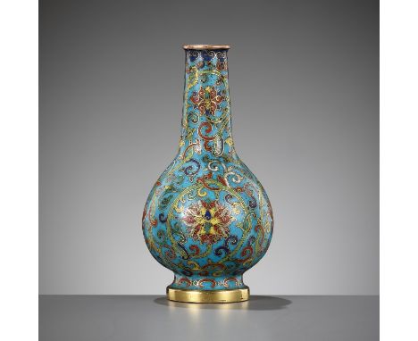 A CLOISONNE ENAMEL 'LOTUS' BOTTLE VASE, QIANLONG FIVE-CHARACTER MARK AND OF THE PERIODChina, 1736-1795. The globular body sup