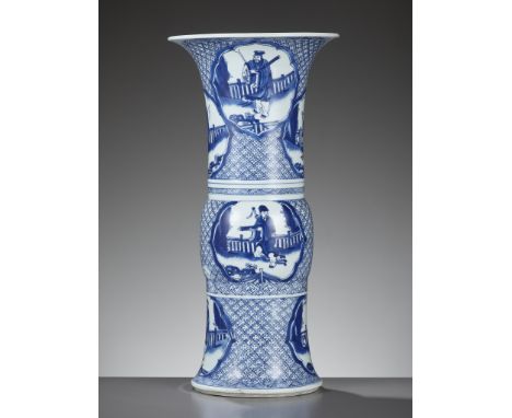 A RARE BLUE AND WHITE 'EIGHT IMMORTALS' BEAKER VASE, GU, KANGXI PERIODChina, 1662-1722. The vase is well painted in bright bl