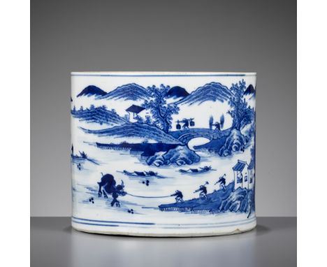 A BLUE AND WHITE 'RIVER LANDSCAPE' BRUSHPOT, BITONG, MID-QING PERIODChina, 18th to mid-19th century. Of circular section, pai
