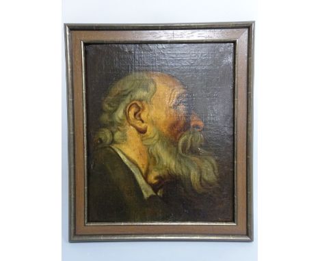 A 17TH CENTURY FLEMISH SCHOOL PORTRAIT STUDY, side profile bearded gentleman, oil on canvas laid on panel, approximately 41.5