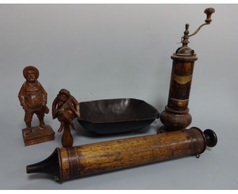 A COLLECTION OF TREEN, to include rustic pepper grinder having metal mounts to top with grinding handle, 'Pepper' brass label