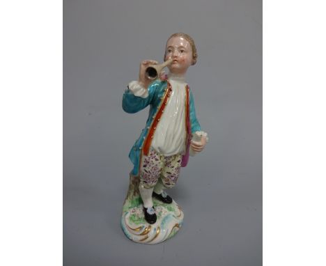AN 18TH CENTURY DERBY FIGURE, modelled as boy playing horn, on naturalistic base with gilt scroll highlights, patch marks and