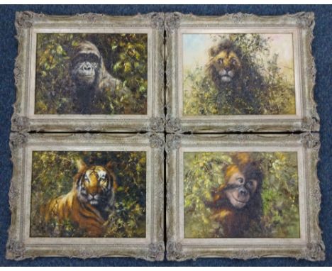 TONY FORREST, animal portrait studies, Lion, Gorilla, Orangutan and Tiger amongst foliage, oils on canvas, each signed lower 