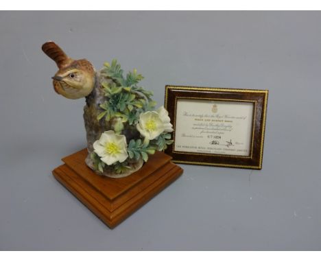 A BOXED ROYAL WORCESTER LIMITED EDITION WREN, Troglodytes Parvulus and Burnet Rose by D. Doughty, with leather framed certifi