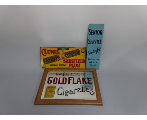 SMOKING ADVERTISING SIGNS, enamel Clune's Sarsfield Plug, approximately 15cm x 30cm, Senior Service Satisfy Tobacco at it's B