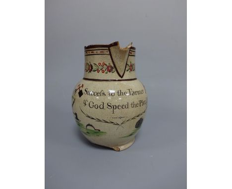 A 19TH CENTURY PEARLWARE JUG, inscribed Succefs to the Farmer & God Speed the Plough and decorated with wheat and farming too