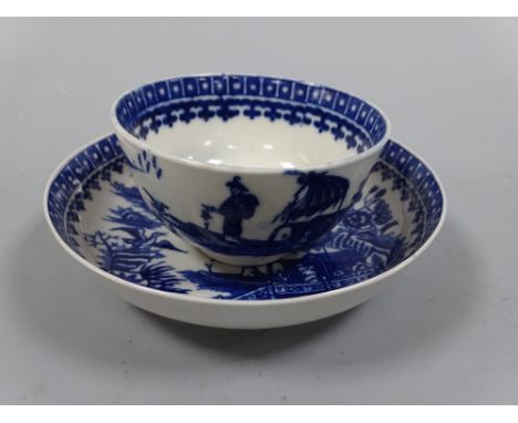 A WORCESTER BLUE AND WHITE TEA BOWL, decorated with figure fishing and landscapes, saucer approximately 11.5cm diameter with 