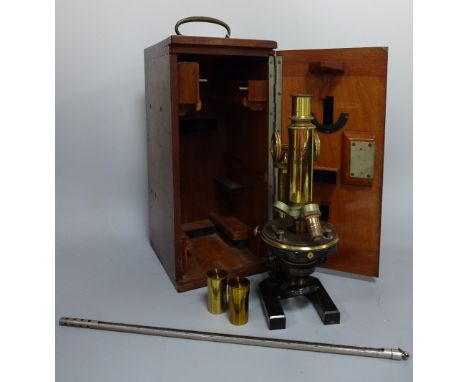 A BRASS CARL ZEISS JENA MICROSCOPE, No.29657, approximately 30cm high, in fitted case, together with 1000 degree thermometer 
