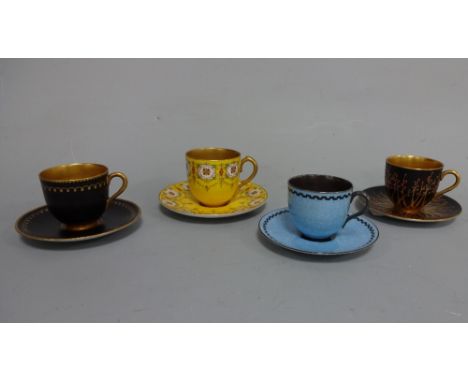 CABINET COFFEE CANS AND SAUCERS, to include four Royal Worcester, two Coalport and one Royal Crown Derby example, various col