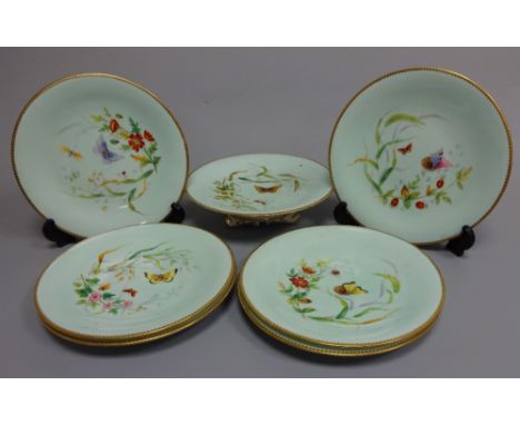 A GRAINGER WORCESTER PART DESSERT SERVICE, comprising comport and six plates, all decorated with butterflies and insects to t