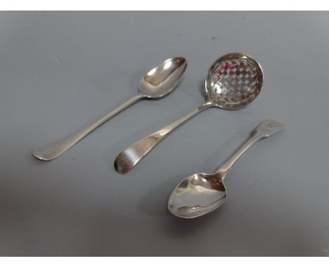 A SILVER SIFTER SPOON, having pierced cross detail to bowl, London 1784, a silver rat tail spoon, London 1767 and a Georgian 