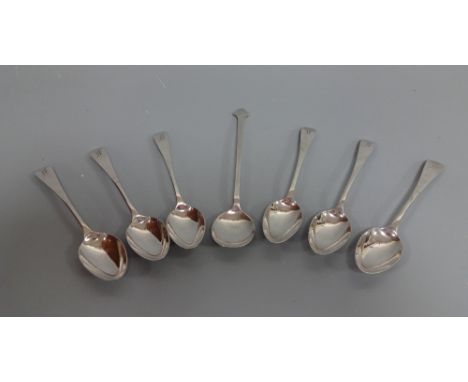 A SET OF SIX SILVER TEASPOONS, having monogrammed terminals Sheffield 1908, approximate weight 3ozt, together with long handl