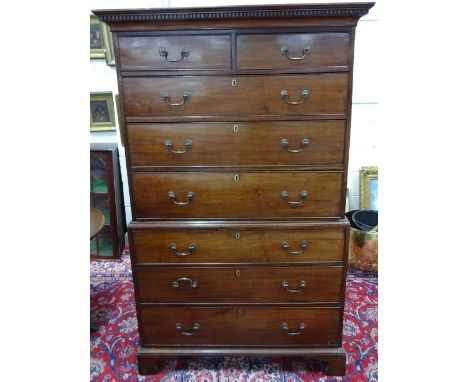 A MAHOGANY CHEST ON CHEST, having two short over three long drawers to top section and three graduated long drawers to base, 