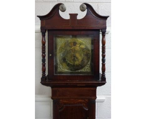 AN OAK LONG CASE CLOCK, the 12' square brass dial, having Roman and Arabic numeral rings with Bell Uttoxeter under, corner sp