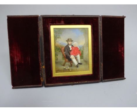 A RECTANGULAR PORTRAIT MINIATURE, depicting child on gents lap seated on nursing chair on verandah before mountainous landsca