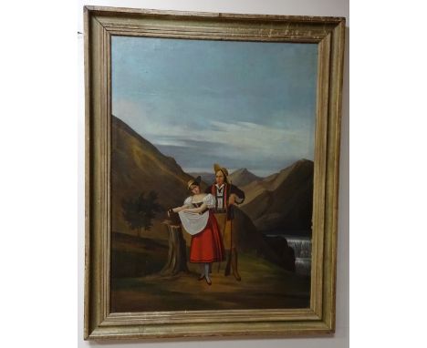 A CONTINENTAL PORTRAIT STUDY, lady and gentleman in traditional dress in mountainous landscape, oil on canvas (relined), appr