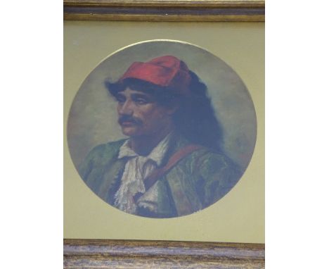 AN OVAL PORTRAIT STUDY, Arabic gentleman, oil, monogrammed RH, Robert Hillingford ?, approximately 26cm x 21.5cm 