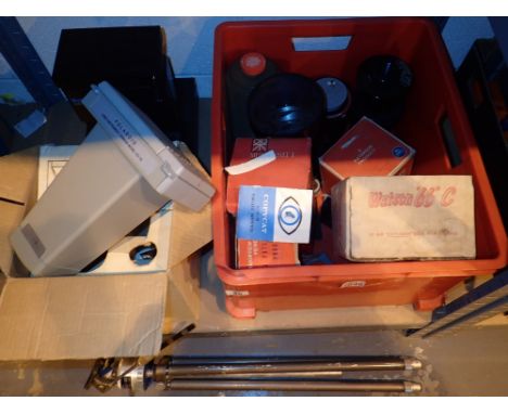 Polaroid ED10 camera Vivtar slide printer and a box of vintage Patterson developing equipment 
