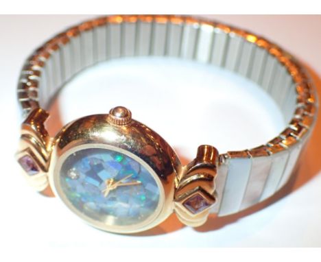 Ladies diamond and amethyst set quartz wristwatch with mother of pearl bracelet and new battery fitted