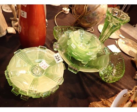 Art Deco uranium glass fruit bowls vase etc 