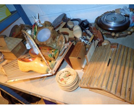 Shelf of wooden ware items to include money boxes 