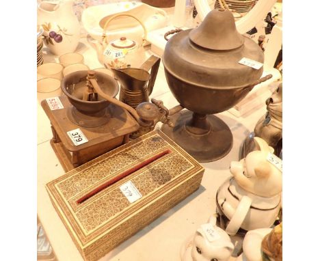 Vintage style coffee grinder brass Samovar a brass jug and an Eastern style tissue box 
