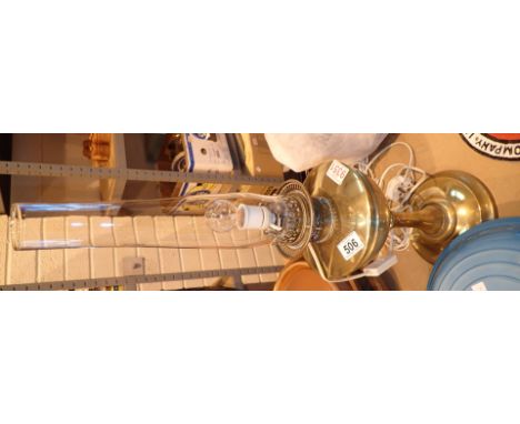 Brass oil lamp with funnel and shade converted to electricity  CONDITION REPORT: All electrical items in this lot have been P