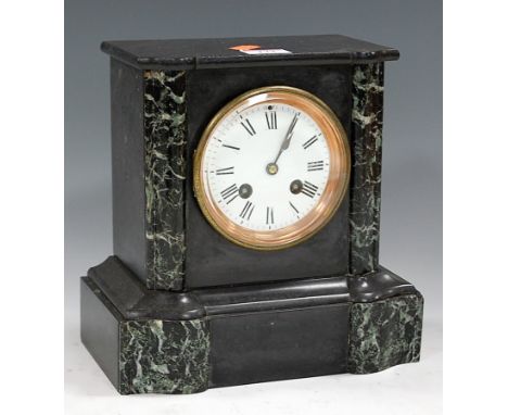 An Edwardian black slate and marble cased mantel clock, having enamelled dial with Roman numerals, and eight day movement str