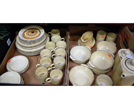 A modern Poole pottery Vortex pattern part tea and dinner service on a pale yellow ground with red flecked decoration