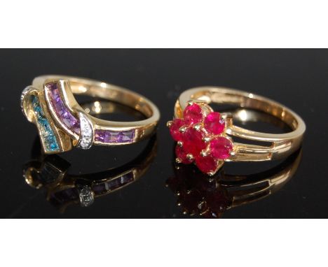 A modern 14ct gold and ruby set flower head cluster ring, 3.6g, size P; together with a 14ct gold and semi-precious set dress