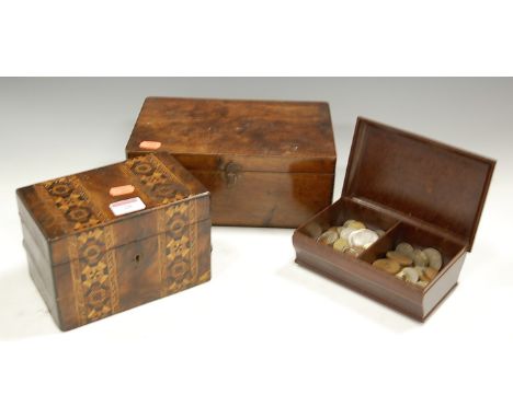 A Victorian walnut and Tunbridge decorated tea caddy, of plain rectangular form, the hinged lid opening to reveal twin compar