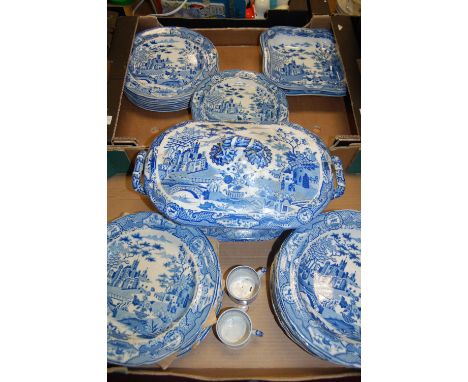 Two boxes of assorted mainly 19th century Spode transfer decorated blue & white table wares to include large tureen and cover