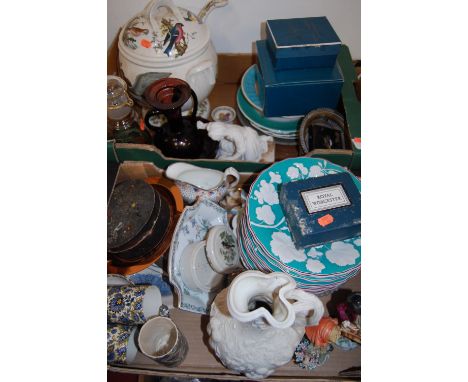 Three boxes of miscellaneous items, to include; Wedgwood part coffee service, Royal Worcester egg coddler, large Portmeirion 