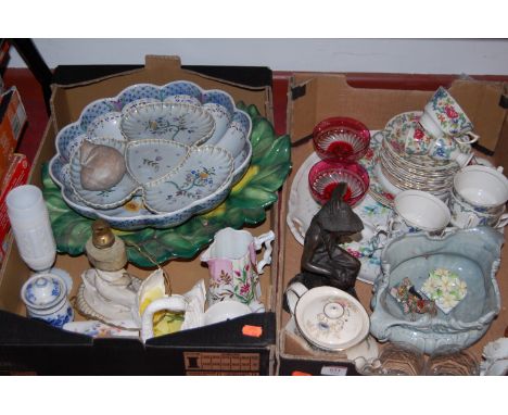 Two boxes of miscellaneous items to include modern Portugese hand painted hors d'ouevres dish, table lamp, shaving mugs, part