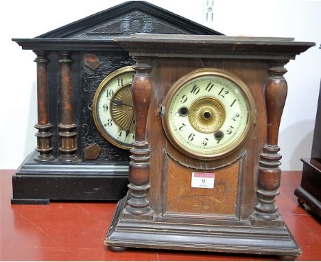A late Victorian faux marble cased mantel clock, of architectural form, having enamelled chapter ring with Arabic numerals; t