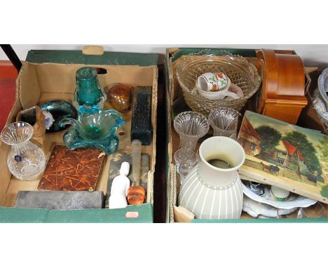 Two boxes of miscellaneous items, to include; Whitefriars style glass vase, studio pottery vase, Spode figure of Priscilla by